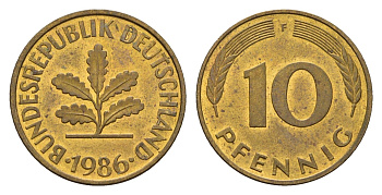 ФРГ 10 пфеннигов 1986 F KM 108, J 383 сталь плакированная латунью 4630-518