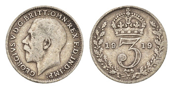 Великобритания 3 пенса 1919 Георг V (1910-1936) KM 813, Spink 4015 серебро 4644-239