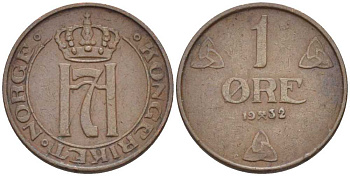 НОРВЕГИЯ 1 ЭРЕ 1932 ХОКОН VII (1905-1957) KM 367 бронза 116-1055