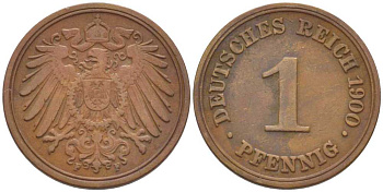 ГЕРМАНИЯ 1 ПФЕННИГ 1900 F KM 10, J. 10, Weege 2 медь 211-245