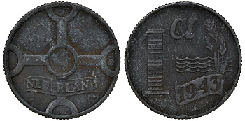 НИДЕРЛАНДЫ 1 ЦЕНТ 1943 ВИЛЬГЕЛЬМИНА (1890-1948) KM 170 цинк 72-1627
