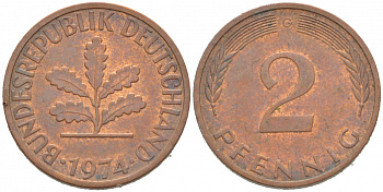 ФРГ 2 ПФЕННИГА 1974 G KM 106a, J.381a сталь плакированная сталь плакированная медьюю 3955-656
