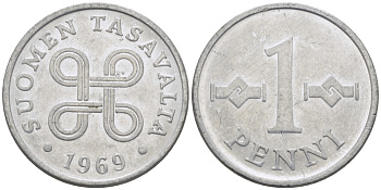 Финляндия 1 пенни 1969 KM 44а алюминий 100-154