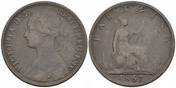 Великобритания 1 фартинг 1867 Виктория (1837-1901) KM 747.2, Spink 3958 бронза 3955-1255