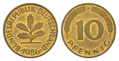 ФРГ 10 пфеннигов 1986 F KM 108, J 383 сталь плакированная латунью 4630-518