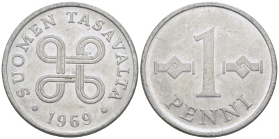 Финляндия 1 пенни 1969 KM 44а алюминий 100-154