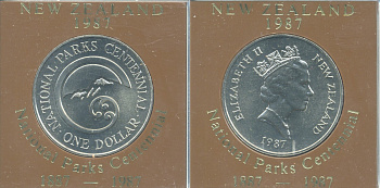 Новая Зеландия 1 доллар 1987 100 лет Национальному парку, Елизавета II (1952-2022), в оригинальной пластиковой упаковке KM 65 медно-никель UNC 06-059-39
