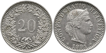 ШВЕЙЦАРИЯ 20 РАППЕНОВ 1991 В KM 29а медно-никель 4539-642