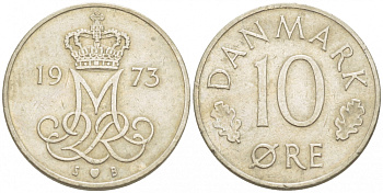 ДАНИЯ 10 ЭРЕ 1973 S; B, МАРГРЕТЕ II (1972-) KM 860.1 медно-никель 3309-158