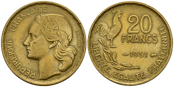 Франция 20 франков 1951 KM 917 алюминиевая бронза 4601-735