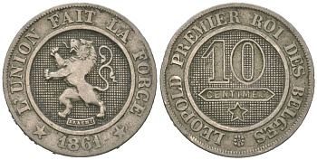 Бельгия 10 сантимов 1861 Леопольд I (1831-1865) KM 22 медно-никель 4615-663