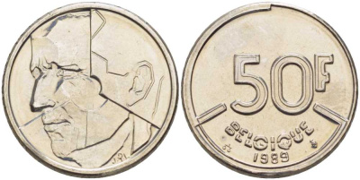 БЕЛЬГИЯ 50 ФРАНКОВ 1989 BELGIQUE, БОДУЭН I (1951-1993) KM 168 никель 4398-214