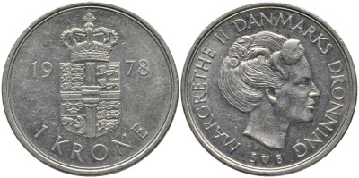 ДАНИЯ 1 КРОНА 1978 S; B, МАРГРЕТЕ II (1972-) KM 862.1 медно-никель 28-145