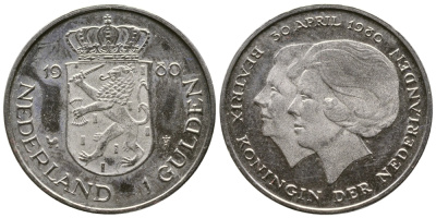 Нидерланды 1 гульден 1980 на коронацию Беатрикс, 30 апреля 1980 KM 200 никель 177-257