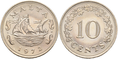 Мальта 10 центов 1972 баржа Великого магистра KM 11 медно-никель UNC 4587-712