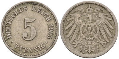 Германия 5 пфеннигов 1903 F KM 11, J. 12 медно-никель 4151-441