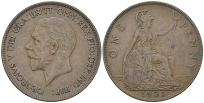Великобритания 1 пенни 1931 Георг V (1910-1936) KM 838, Spink 4055 бронза    69-1021