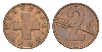 Швейцария 2 раппена 1969 KM 47 бронза 4632-457