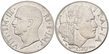 ИТАЛИЯ 20 ЧЕНТЕЗИМО 1941 R, ГОД XIX, ВИКТОР ЭММАНУИЛ III (1900-1946) KM 75b, VEM3. 1028 нержавеющая сталь 3853-1114