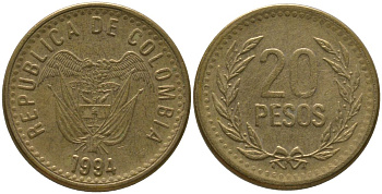 Колумбия 20 песо 1994 KM 282 алюминиевая бронза 4528-1139