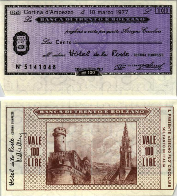 Италия 100 лир 1977 10 марта 1977 Banco Di trento e bolzano бумага 7222-61-3-2