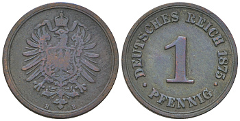 Германия 1 пфенниг 1875 В, старогербовка KM 1, J. 1 медь 4385-623