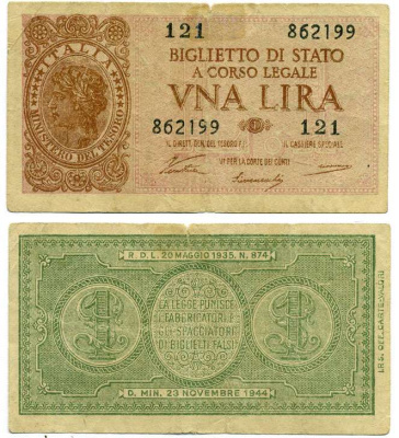 Италия 1 лира 1944 23 ноября 1944, подпись ventura Pick 29а бумага 8611-62-3-2