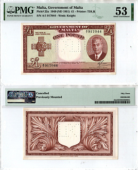 Мальта 1 фунт 1949 (1951) в слабе компании PMG. Сохранность - 53, перфорация "CANCELLED" Pick 22 a бумага 452-3-40