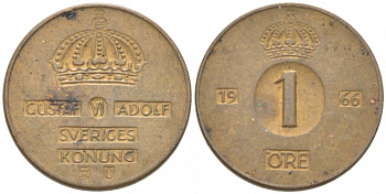 Швеция 1 эре 1966 Густав VI Адольф (1950-1973) KM 820 бронза 3955-312