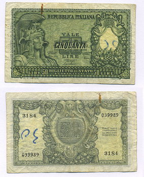 Италия 50 лир 1951 Афина Pick 91b бумага 7146-15-3-1