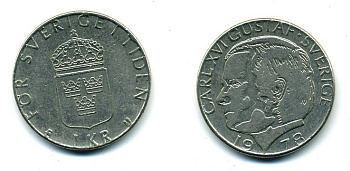 Швеция 1 крона 1978 Карл XVI Густав (1973- ) KM 852 медь плакированная медно-никелем 37-312
