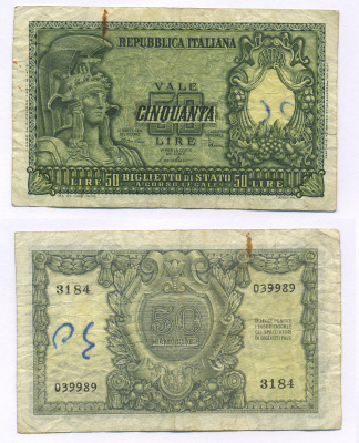 Италия 50 лир 1951 Афина Pick 91b бумага 7146-15-3-1