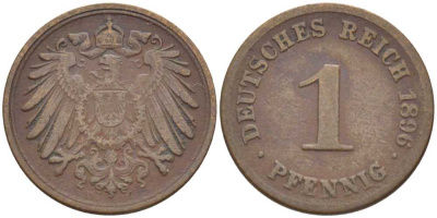 ГЕРМАНИЯ 1 ПФЕННИГ 1896 D KM 10, J. 10, Weege 2 медь 211-216