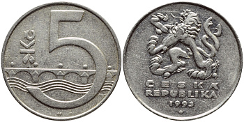 Чехия 5 крон 1993 чешский лев, Карлов мост KM 8 сталь плакированная никелем 4397-357