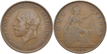 Великобритания 1 пенни 1929 Георг V (1910-1936) KM 838, Spink 4055 бронза 115-235