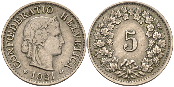 ШВЕЙЦАРИЯ 5 РАППЕНОВ 1931 B KM 26 медно-никель 188-358