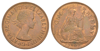 Великобритания 1 пенни 1967 Елизавета II (1952-2022) КМ 897, Spink 4157 бронза aUNC 4168-716