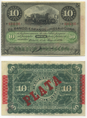 Куба 10 песо 1896 Испанская Администрация, надпечатка PLATA Pick 49 d бумага 448-29-2