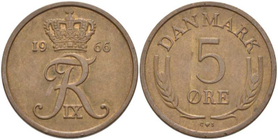 Дания 5 эре 1966 C; S, Фредерик IX (1947-1972) KM 848.1 бронза 67-753