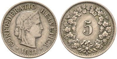 ШВЕЙЦАРИЯ 5 РАППЕНОВ 1931 B KM 26 медно-никель 188-358