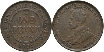 АВСТРАЛИЯ 1 ПЕННИ 1921 ГЕОРГ V KM 23 бронза 84-1114