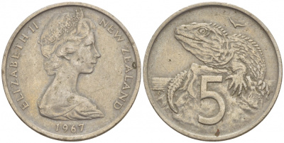 Новая Зеландия 5 центов 1967 Елизавета II (1952-2022), ящерица гаттерия KM 34.1 медно-никель 4528-849
