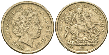 Гибралтар 1 фунт 2003 1700 лет со дня смерти Святого Георгия KM 1036 никель латунь 4620-137