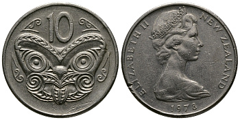 Новая Зеландия 10 центов 1978 Елизавета II (1952-2022), маска маори KM 41.1 медно-никель 76-722