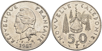 Французская Новая Каледония 50 франков 1987 хижина среди сосен и пальм, (IEOM) KM 13, Schoen 15, Lec 121 никель 4120-643