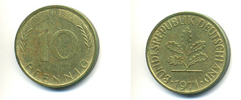 ФРГ 10 ПФЕННИГОВ 1971 D KM 108, J 383 сталь плакированная латунью 80-322