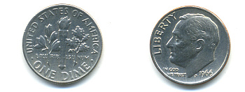 США 10 центов (дайм) 1966 Рузвельт KM 195а медь плакированная медно-никелем 89-525