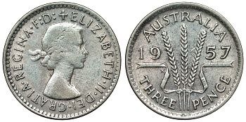 Австралия 3 пенса 1957 m, Елизавета II (1952-2022) KM 57 серебро 71-518