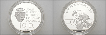 Андорра 10 динеров 1994 XXVI Олимпийские игры 1996 года велоспорт KM 95 серебро PROOF 02-073-25