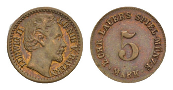 Бавария игровой жетон в 5 марок ND диаметр 12,75 мм, вес 0,59 гр бронза 4651-1215